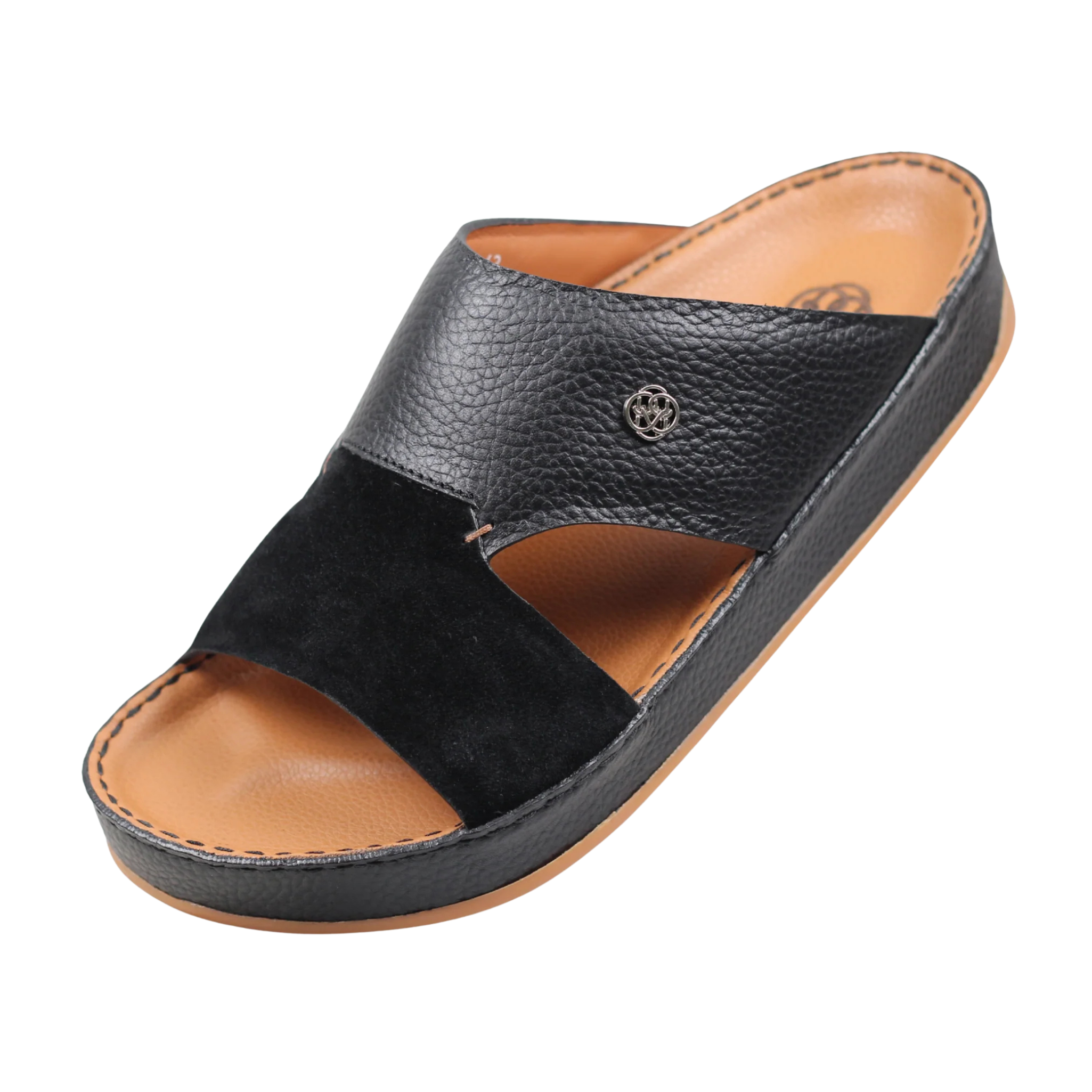 Front angled view of black Wasl Medicated Arabic sandals for men with premium Italian leather and supportive cushioned footbed