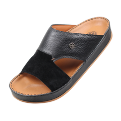 Front angled view of black Wasl Medicated Arabic sandals for men with premium Italian leather and supportive cushioned footbed