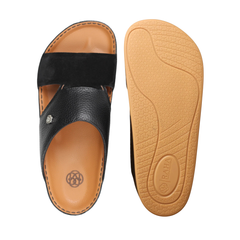 Black Wasl Medicated Arabic sandals for men shown from the top and outsole, featuring premium leather and a supportive cushioned footbed