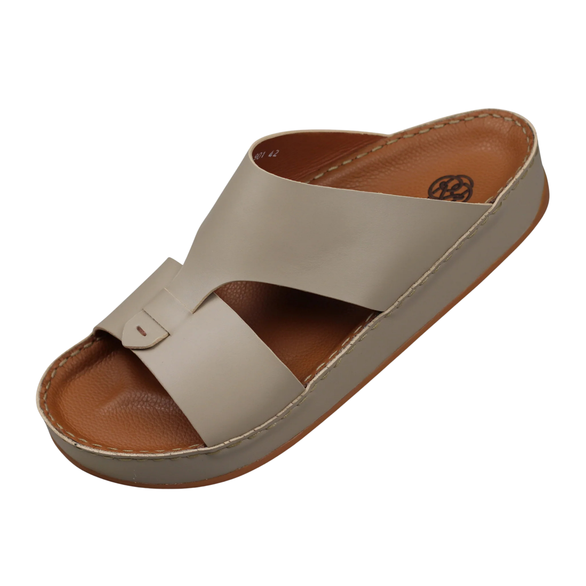 Beige Raha Medicated Arabic sandals for men with tan leather footbed, shown from a front three-quarter angle