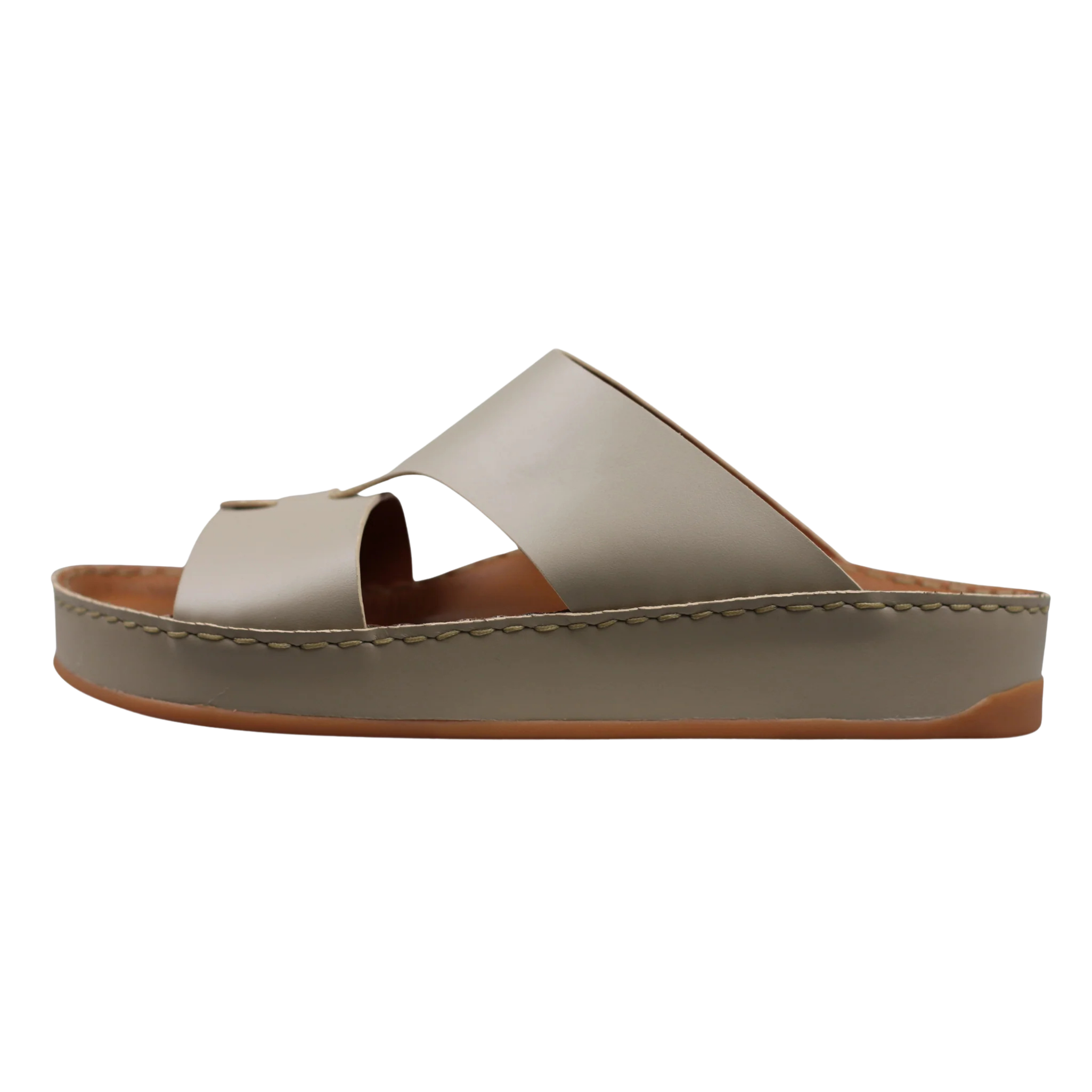 Beige Raha Medicated Arabic sandals for men with premium leather upper and cushioned footbed, shown from a side view