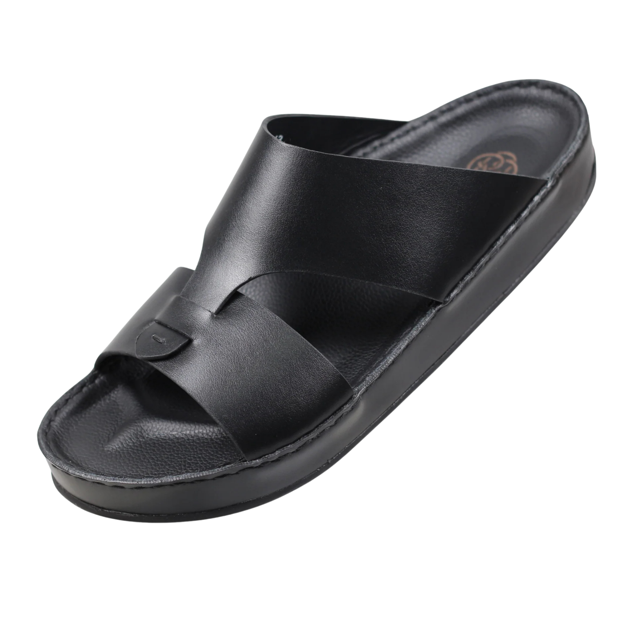 Black Raha Medicated Arabic sandals for men in front three-quarter view, featuring premium leather and a supportive medicated footbed
