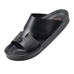 Black Raha Medicated Arabic sandals for men in front three-quarter view, featuring premium leather and a supportive medicated footbed