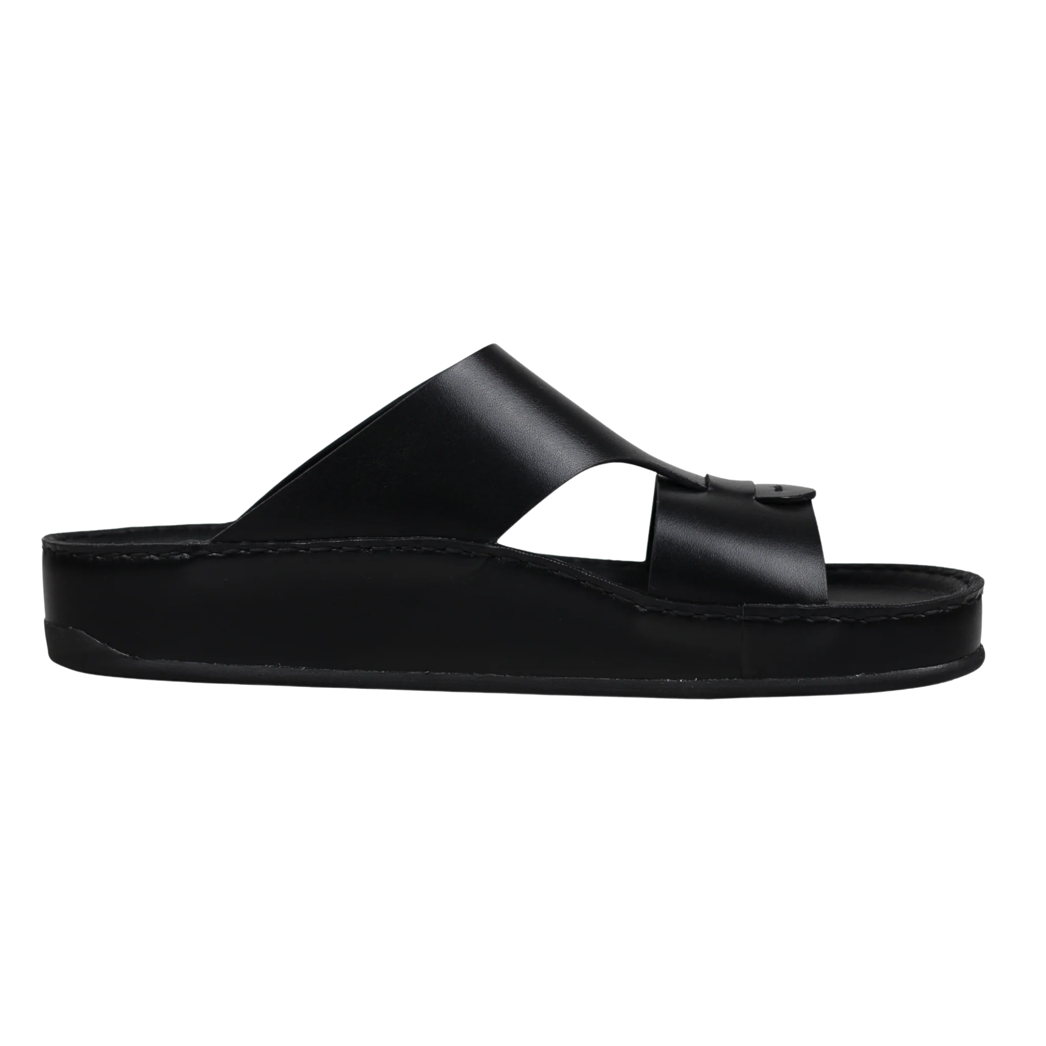 Black Raha Medicated Arabic sandals for men in side profile, featuring premium leather and a supportive medicated footbed