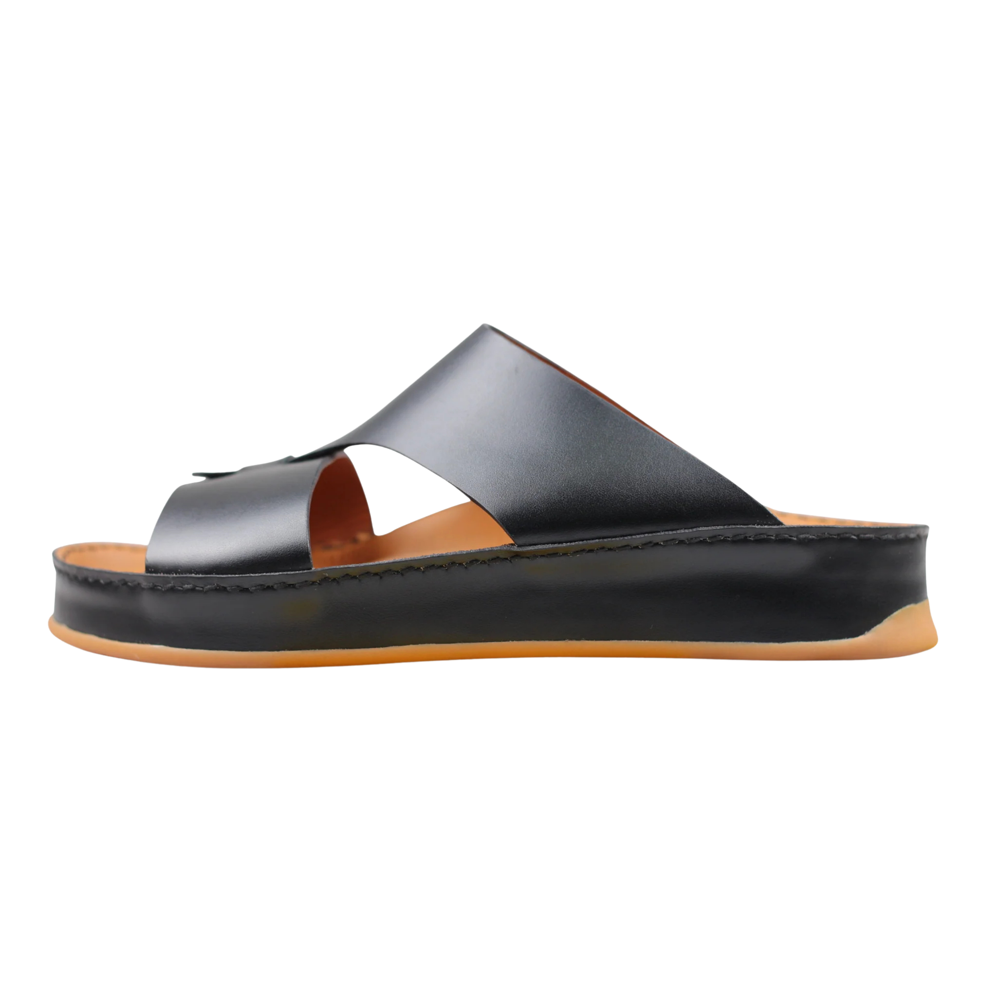 Black Raha Medicated Arabic sandals for men in side profile, featuring premium leather and a supportive medicated footbed