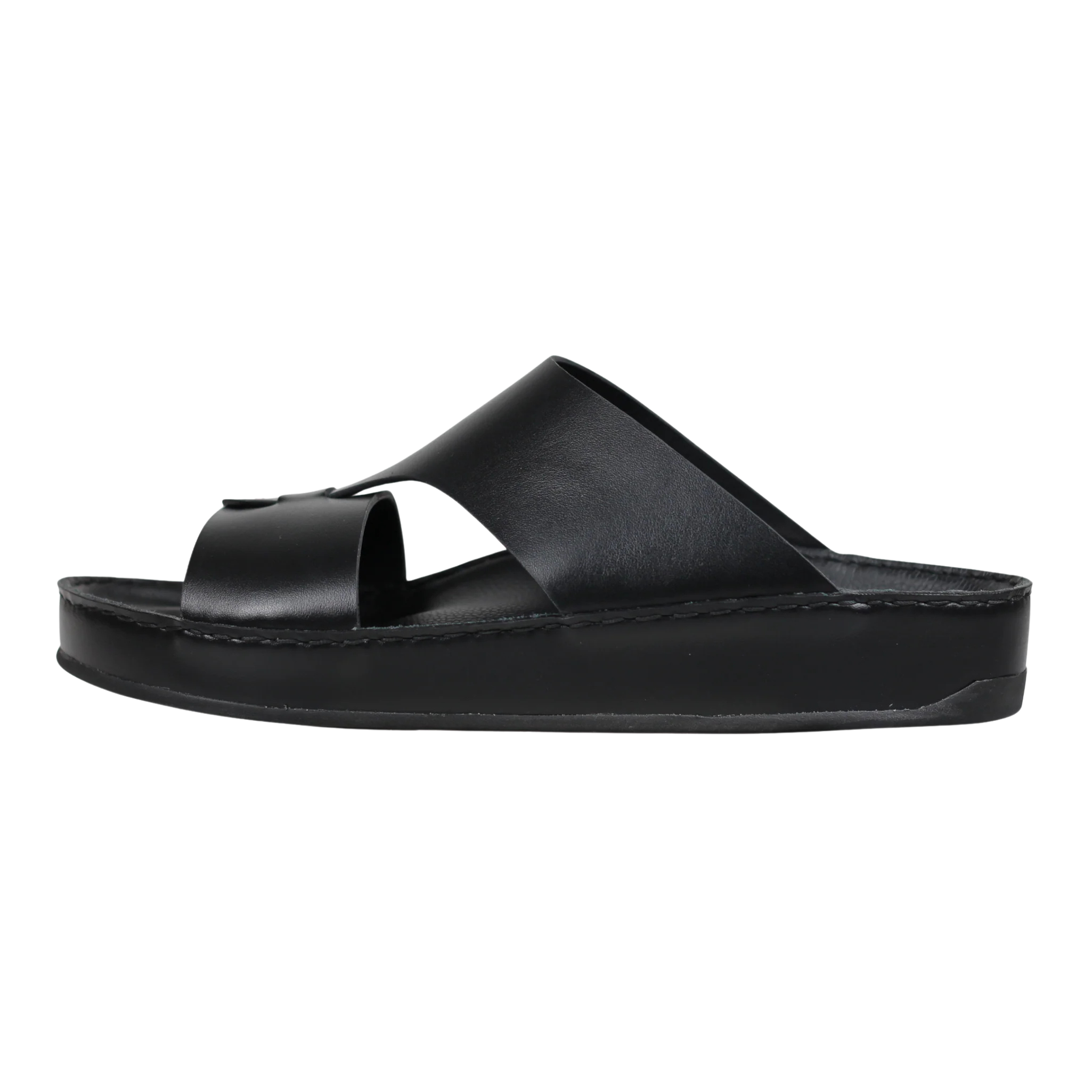 Black Raha Medicated Arabic sandals for men in side view, featuring premium leather and a supportive medicated footbed