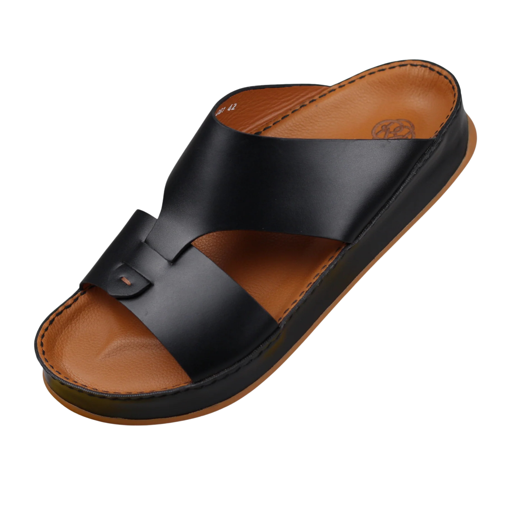 Black Raha Medicated Arabic sandals for men in three-quarter view, featuring premium leather and a supportive medicated footbed