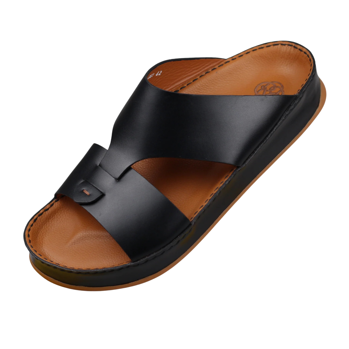 Black Raha Medicated Arabic sandals for men in three-quarter view, featuring premium leather and a supportive medicated footbed