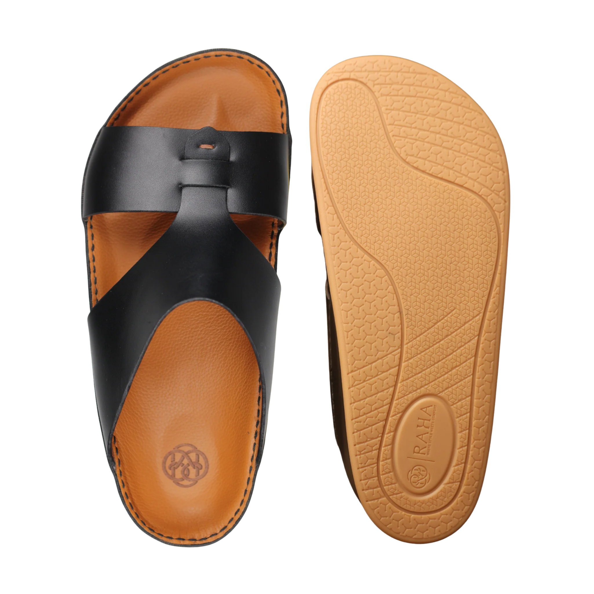 Black Raha Medicated Arabic sandals for men showing top view and tan non-slip outsole with supportive medicated footbed