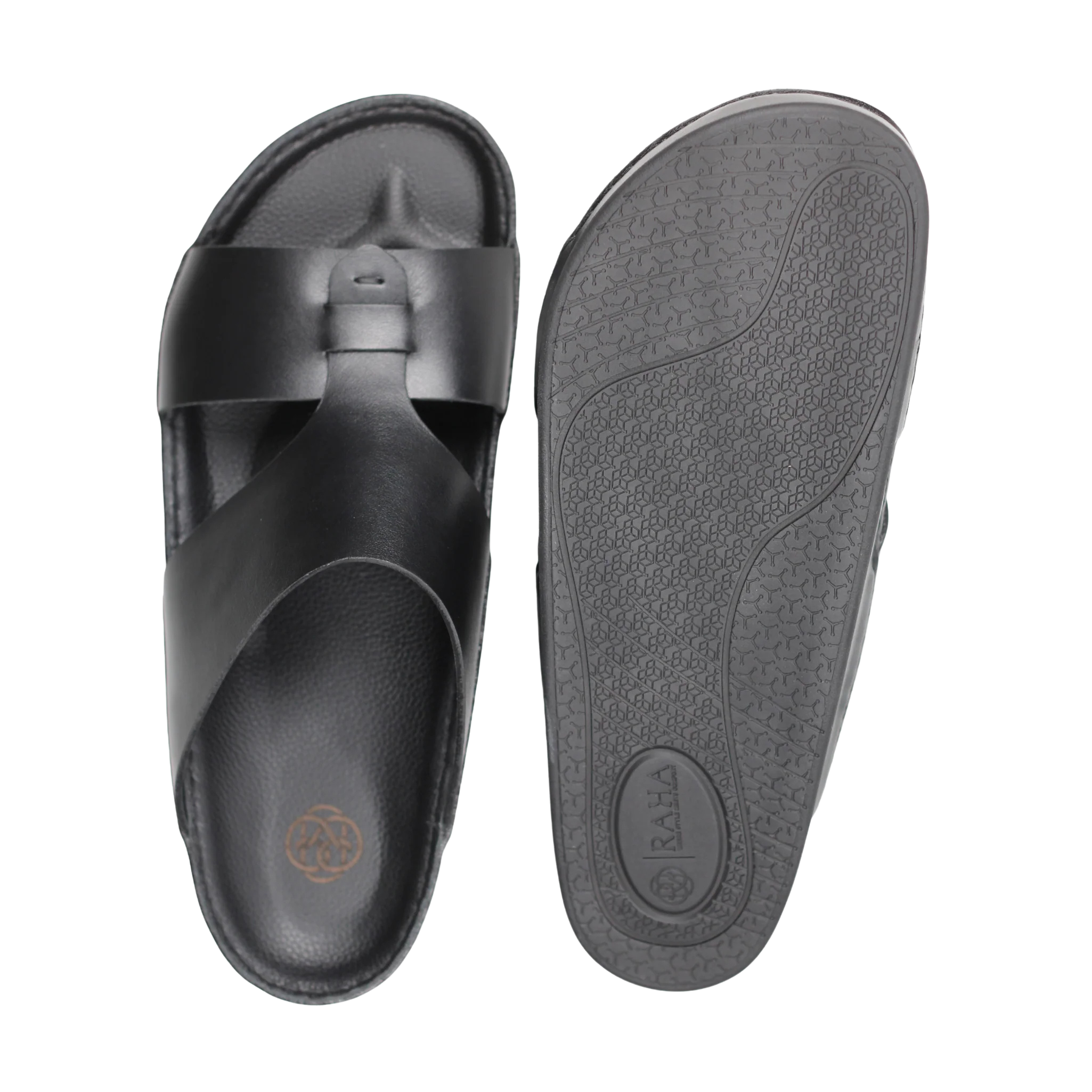 Black Raha Medicated Arabic sandals for men showing the top view and non-slip outsole with supportive medicated footbed
