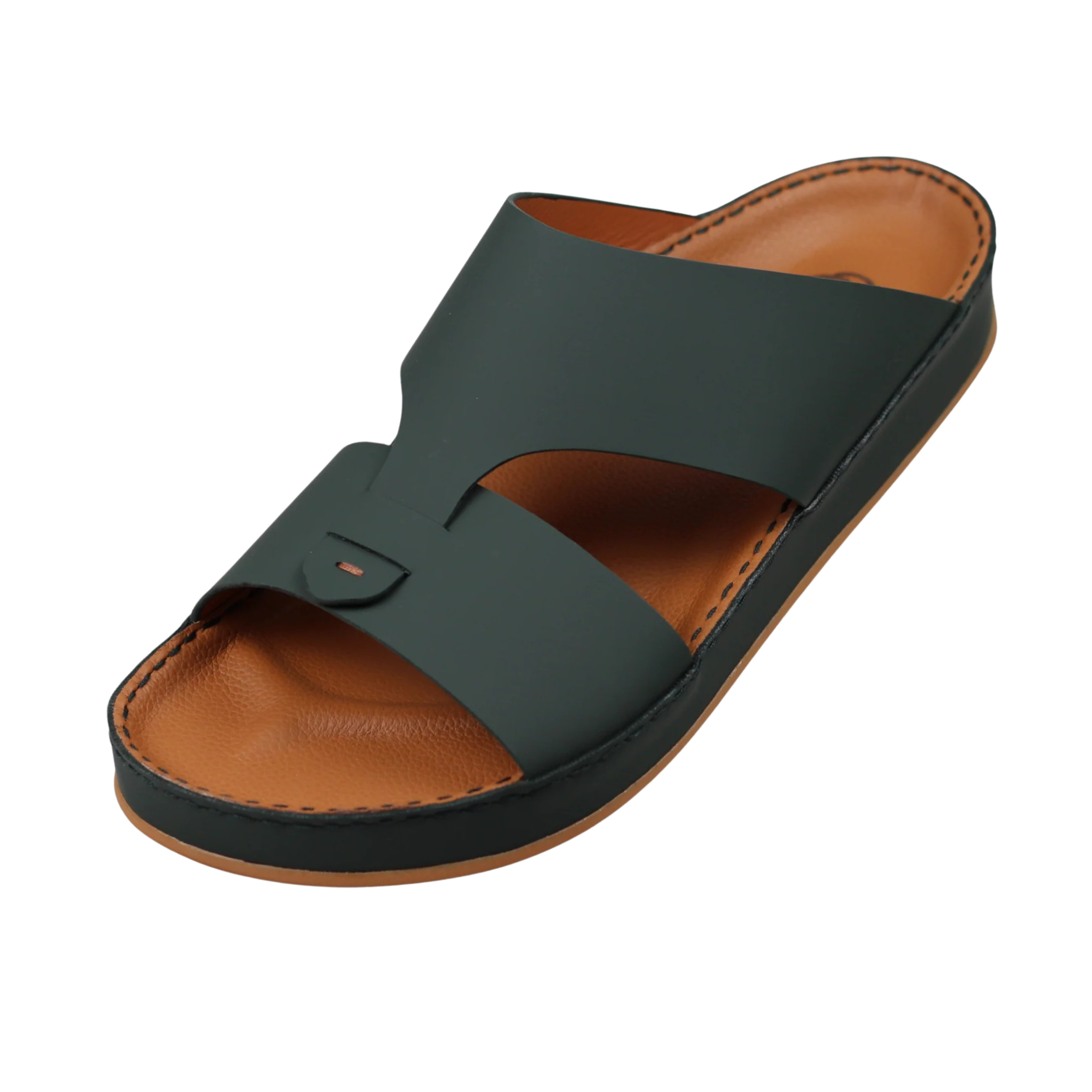 Dark green Raha Medicated Arabic sandals for men with tan leather footbed, shown from a front three-quarter angle