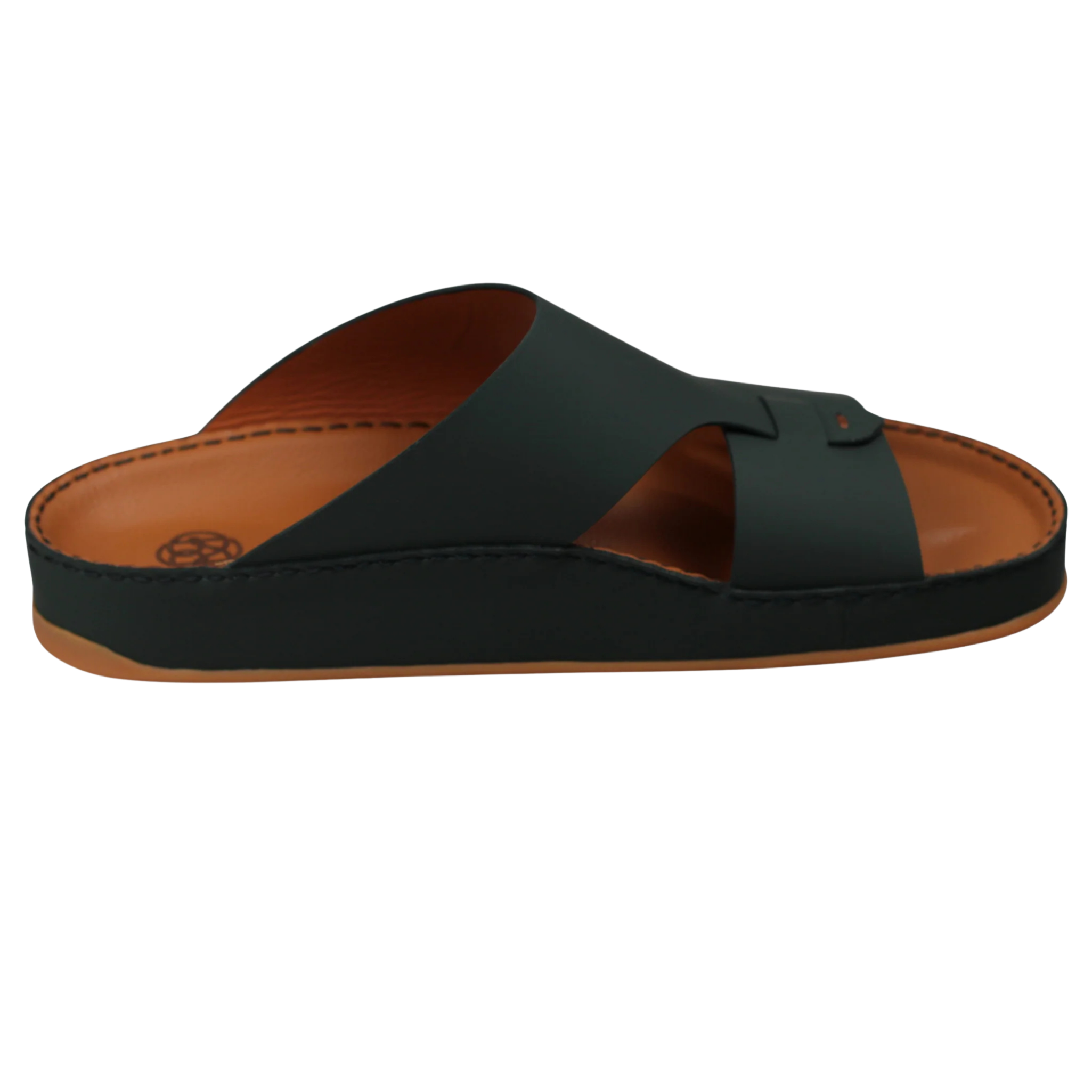 Dark green Raha Medicated Arabic sandals for men with tan leather footbed, shown from the opposite side view