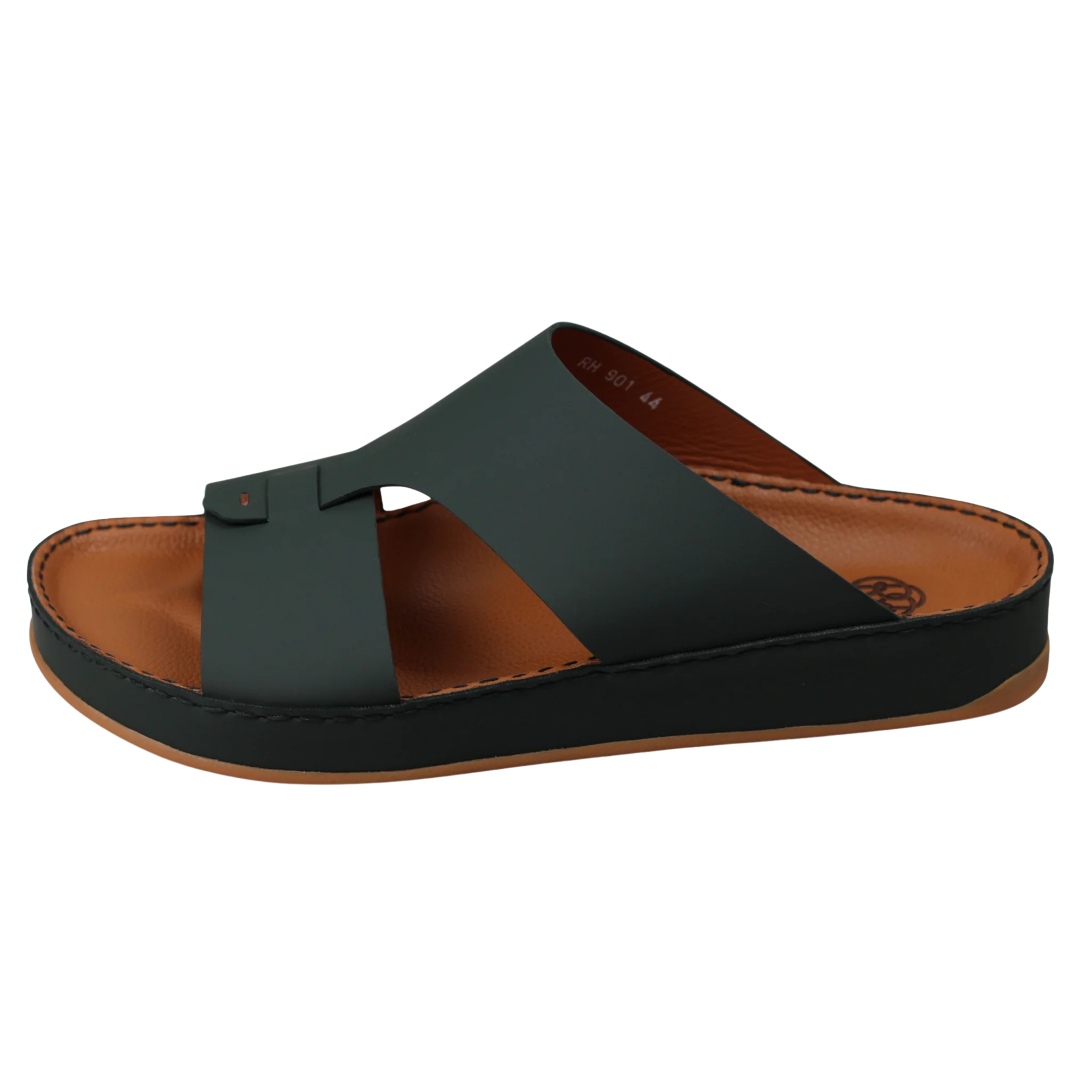 Dark green Raha Medicated Arabic sandals for men with tan leather footbed, shown from a side view