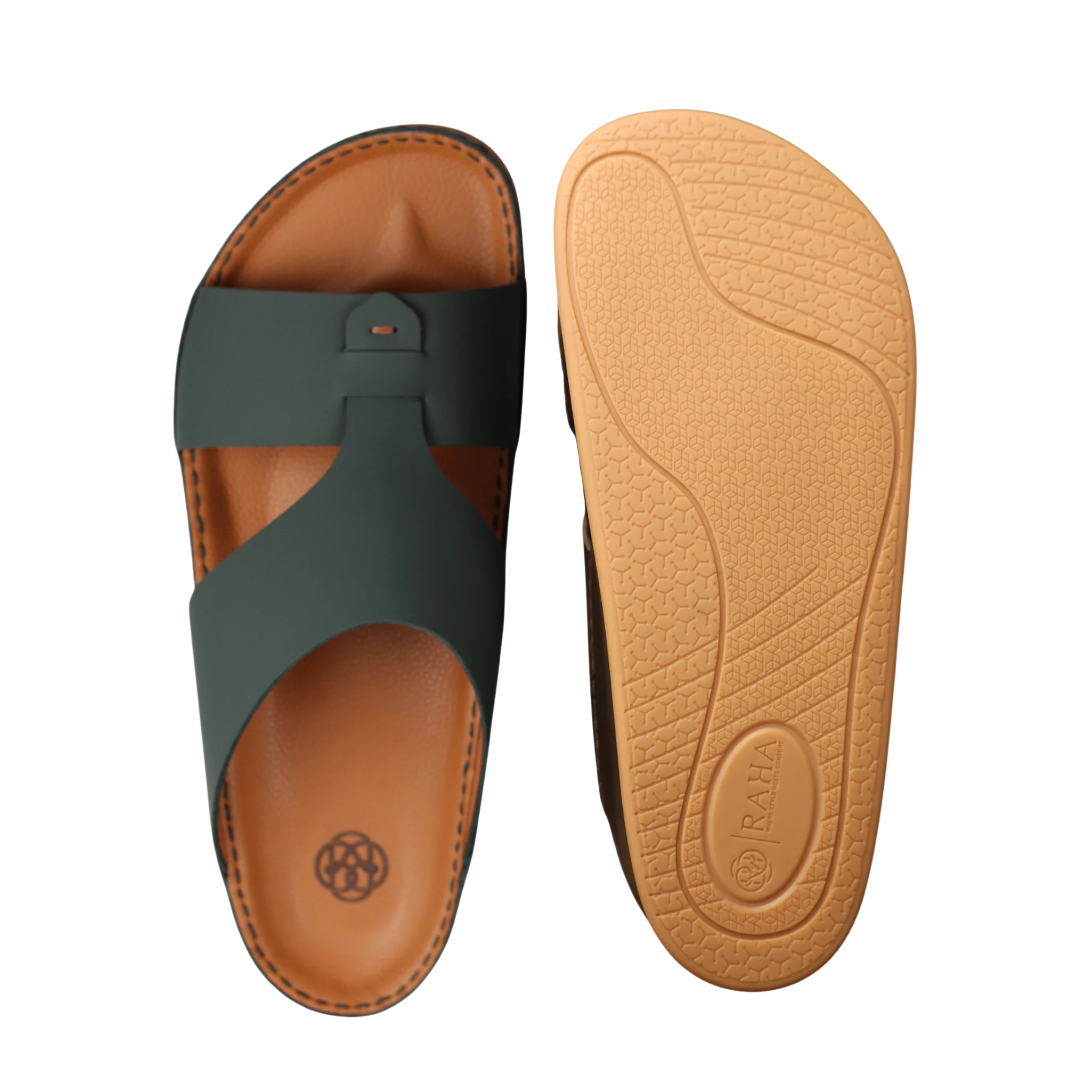 Dark green Raha Medicated Arabic sandals for men shown from the top alongside the tan non-slip outsole