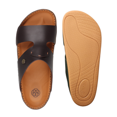 Raha Joud black premium leather Arabic sandal for men shown from the top with tan medicated footbed and branded non-slip outsole