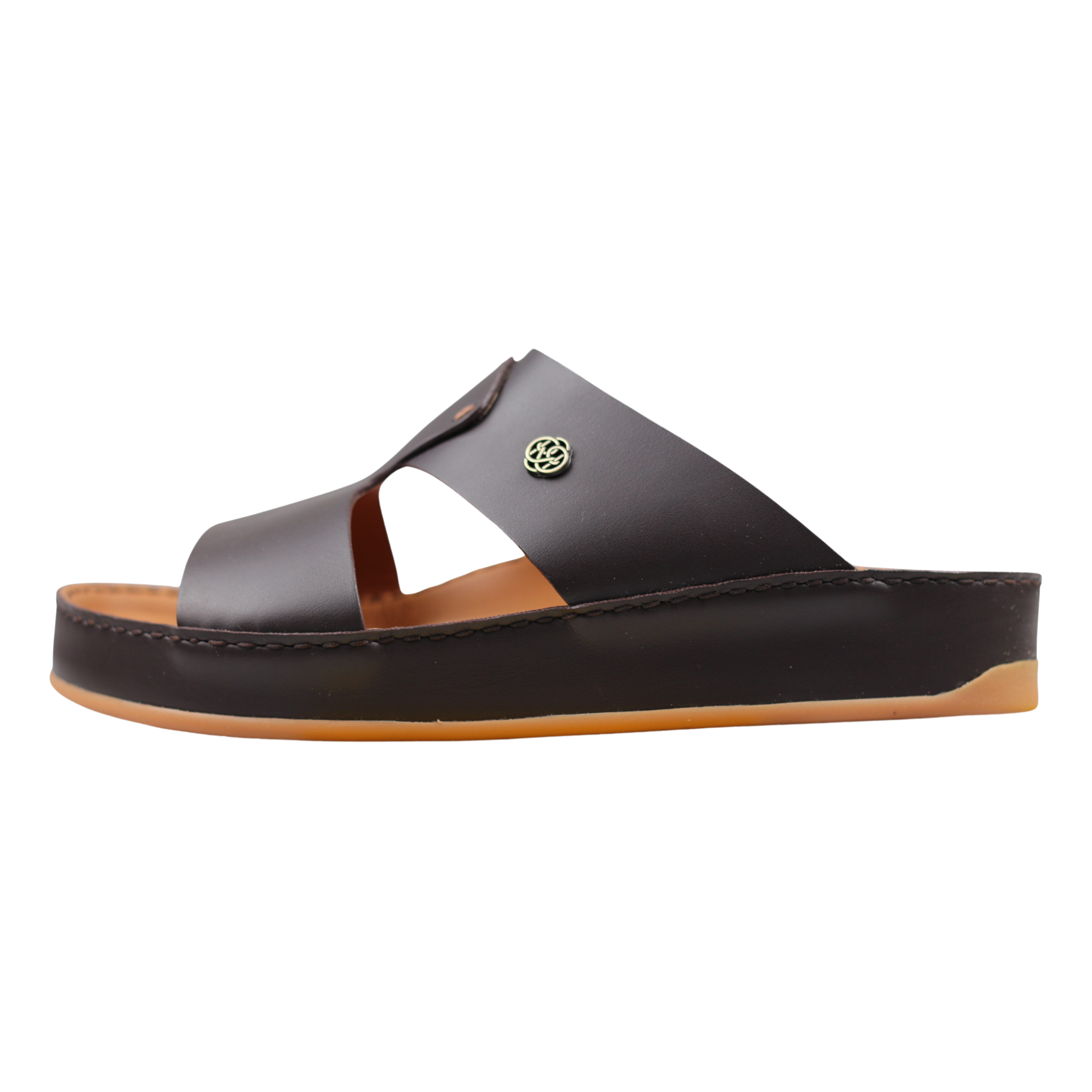 Raha Joud brown premium leather Arabic sandal for men with medicated footbed, front side angle view