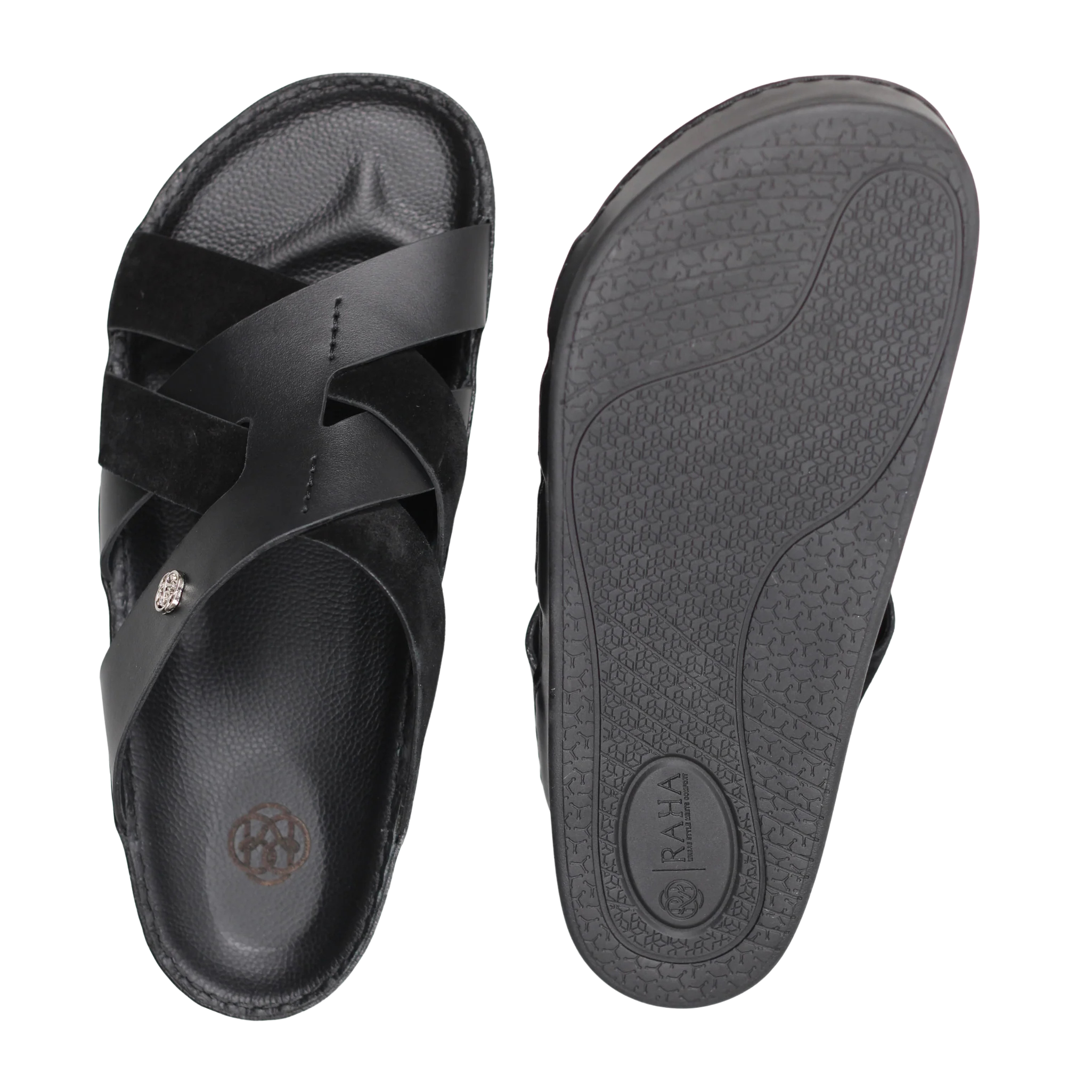 Raha Nafis black Medicated Arabic sandal for men shown from the top with branded non-slip outsole