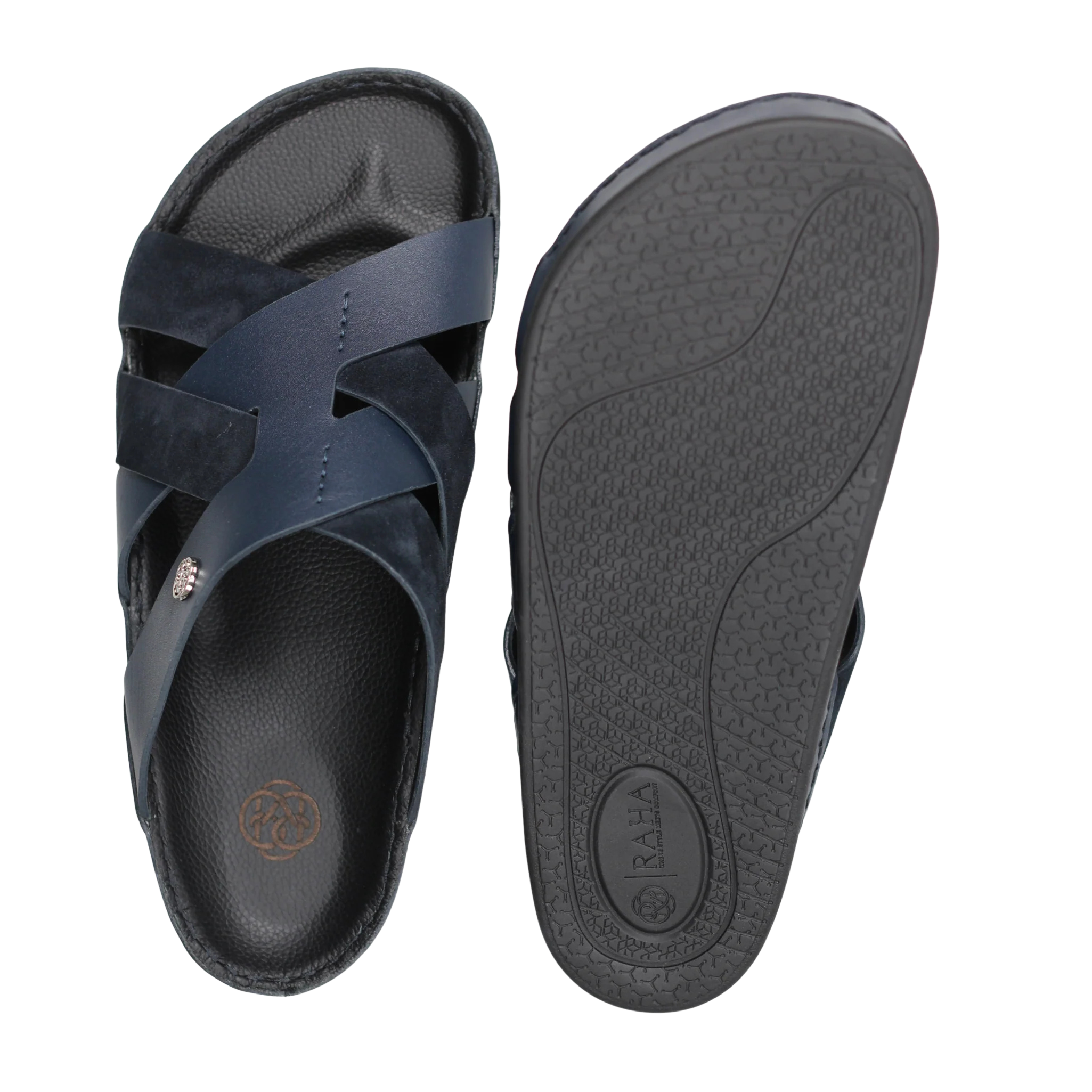Raha Nafis navy Medicated Arabic sandal for men shown from the top with branded non-slip outsole