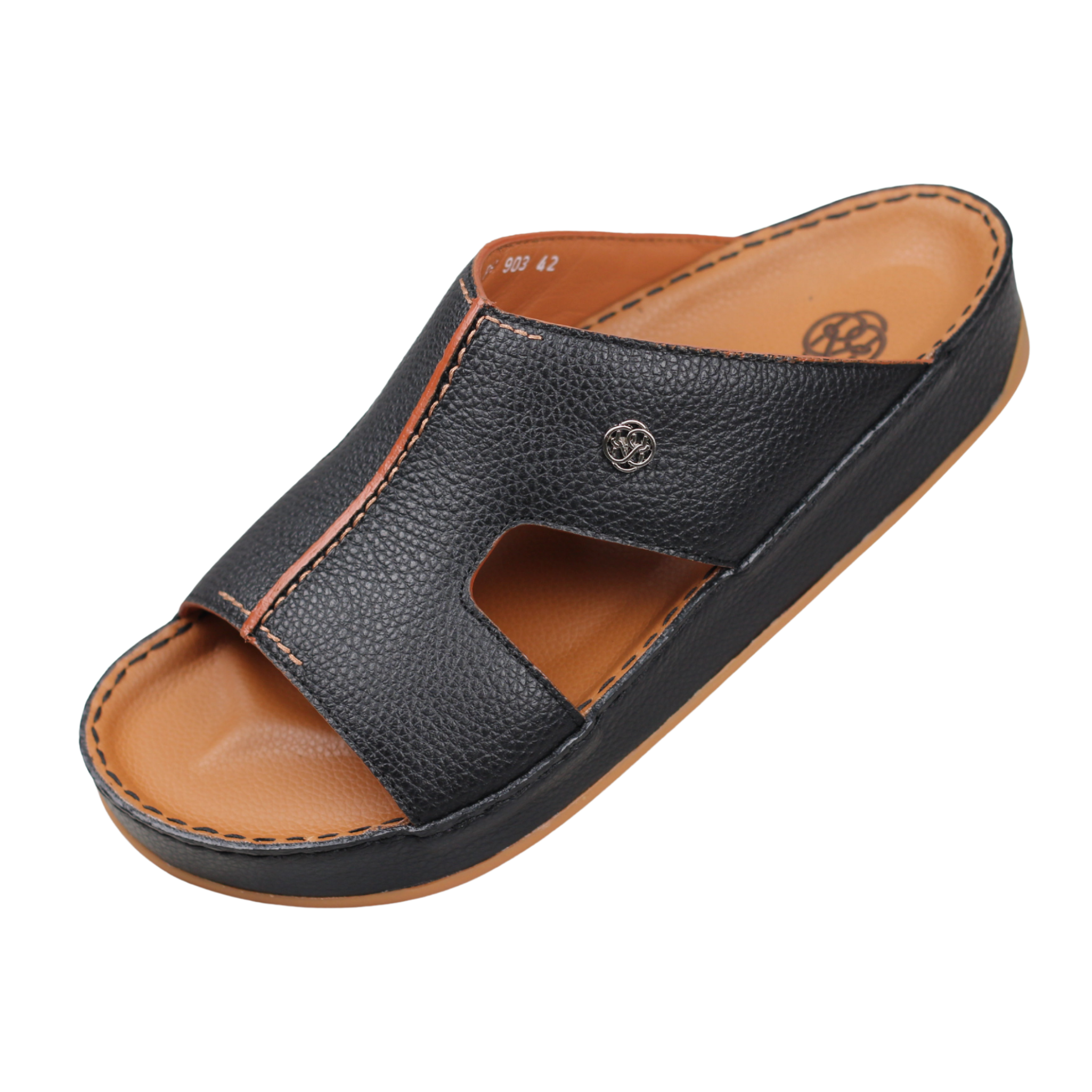 Raha Shams black premium deer leather Arabic sandal for men with medicated footbed, front angle view
