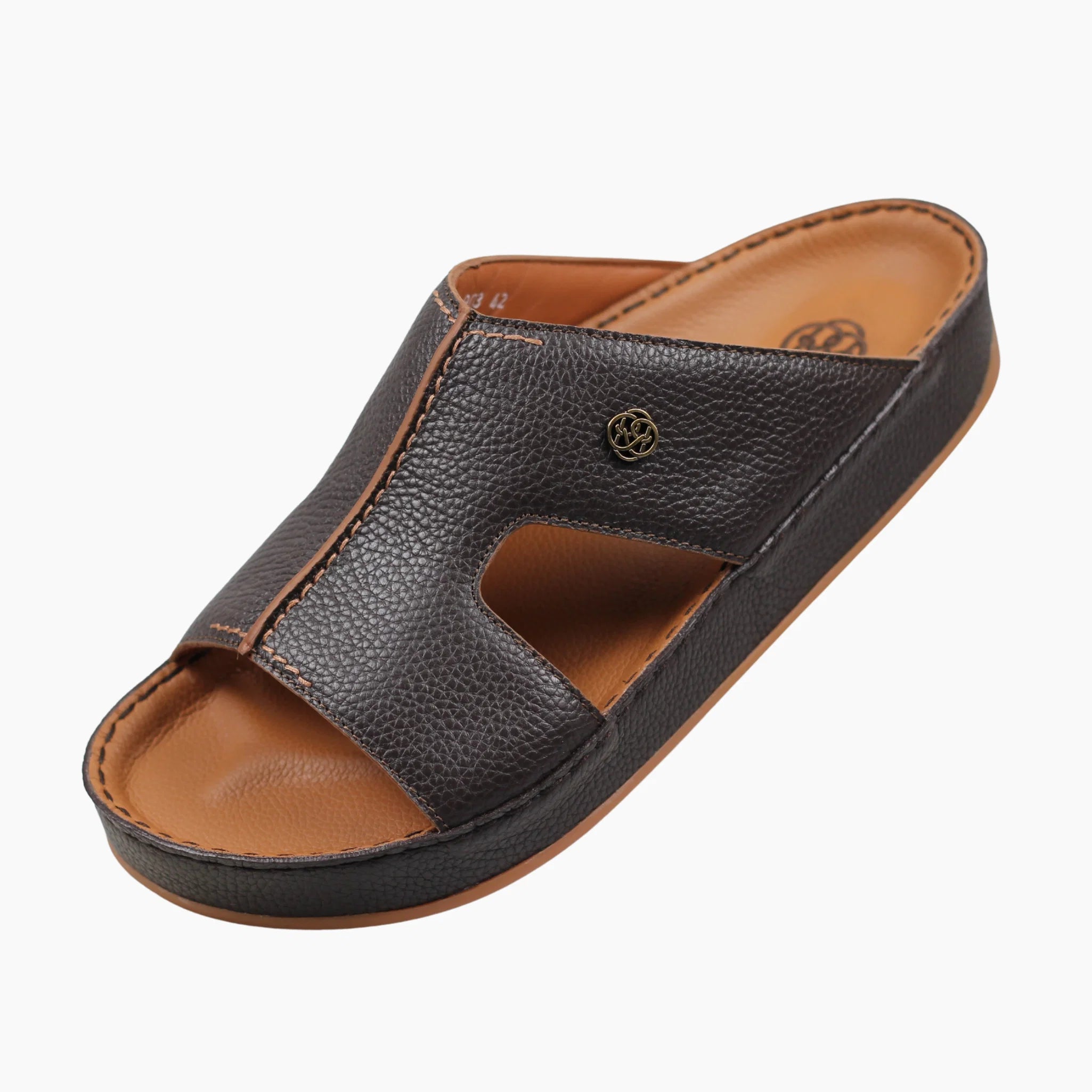 Raha Shams brown premium deer leather Arabic sandal for men with medicated footbed, front angle view