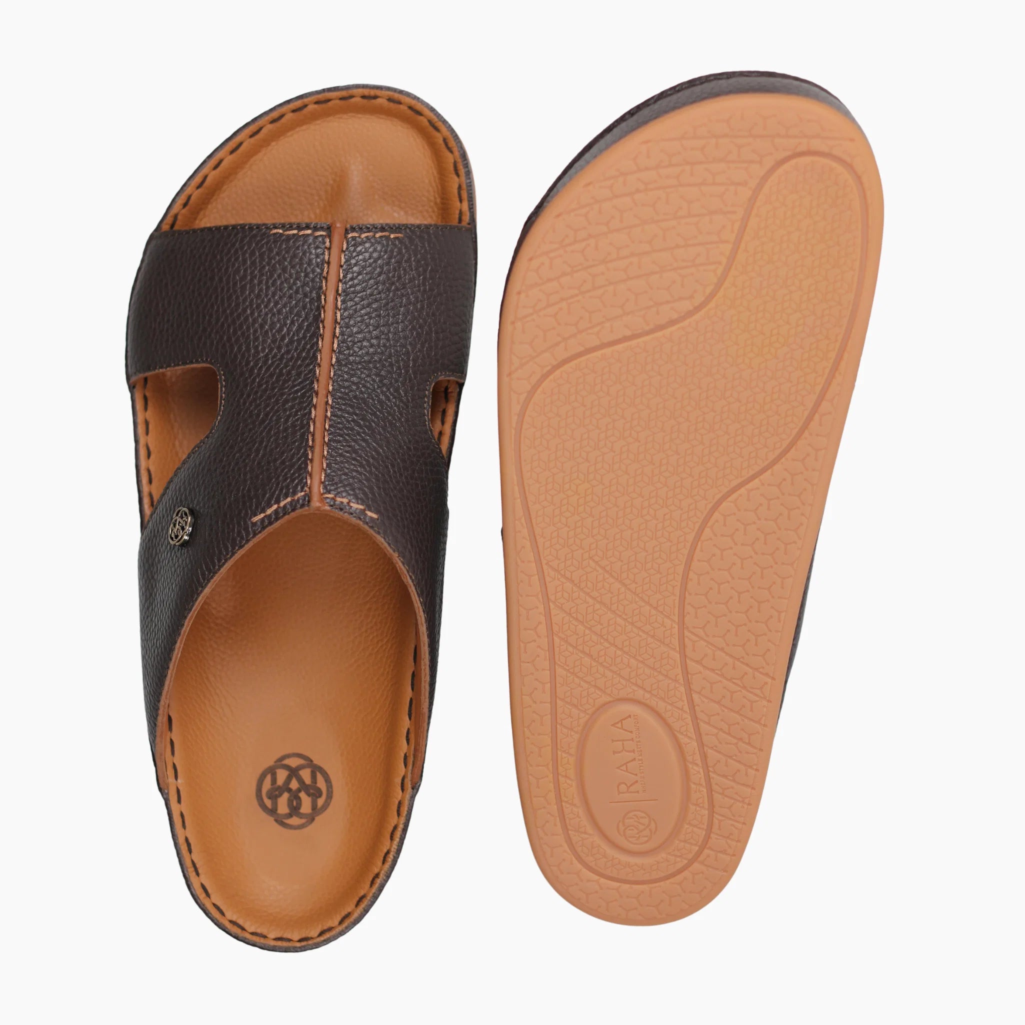 Raha Shams brown premium deer leather Arabic sandal for men shown from the top with branded non-slip outsole