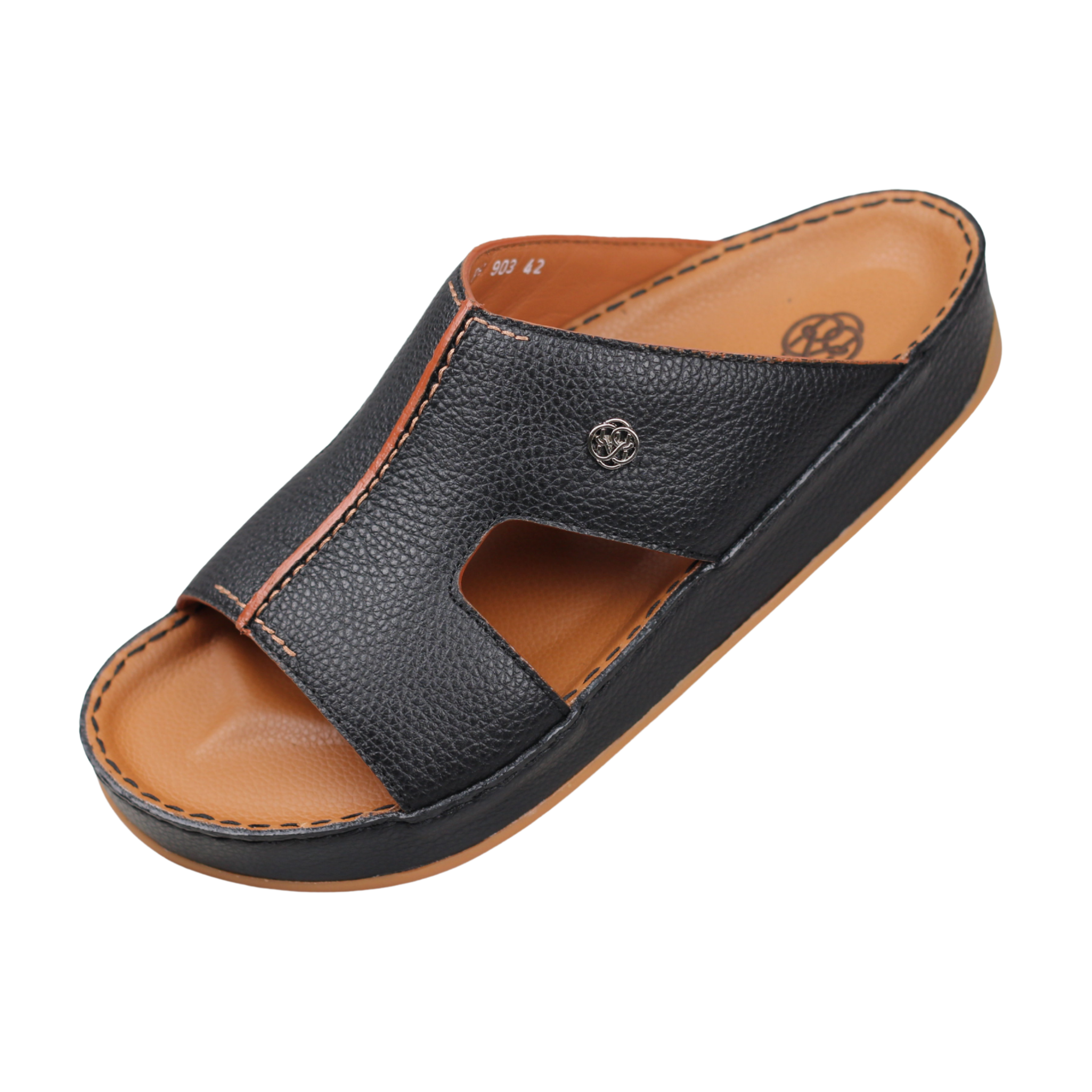 Raha Shams navy premium deer leather Arabic sandal for men with tan medicated footbed, front angle view