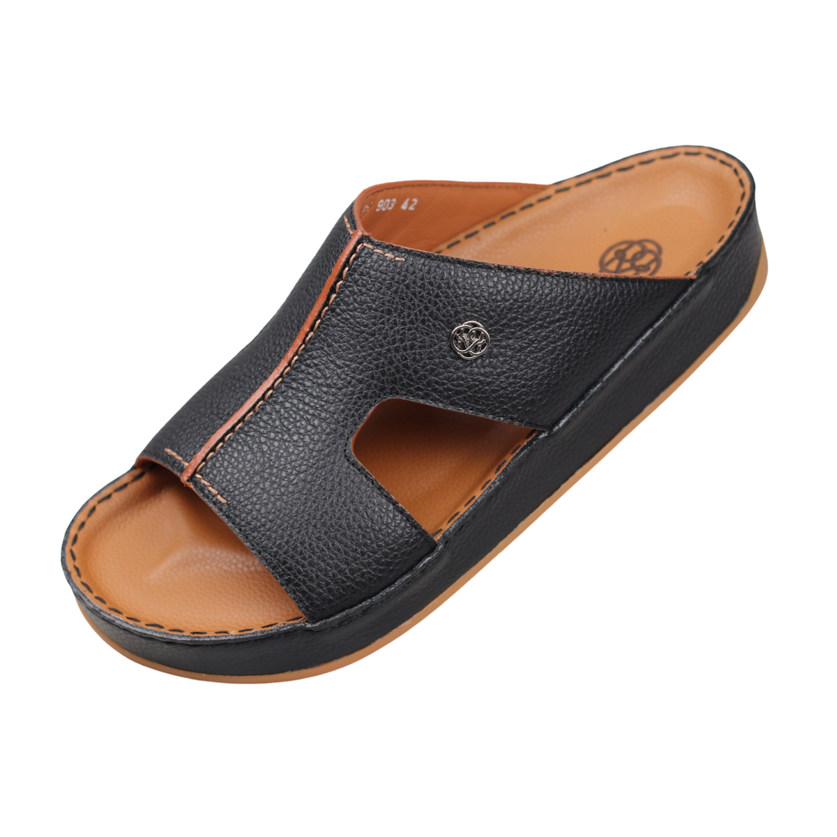 Raha Shams navy premium deer leather Arabic sandal for men with tan medicated footbed, front angle view