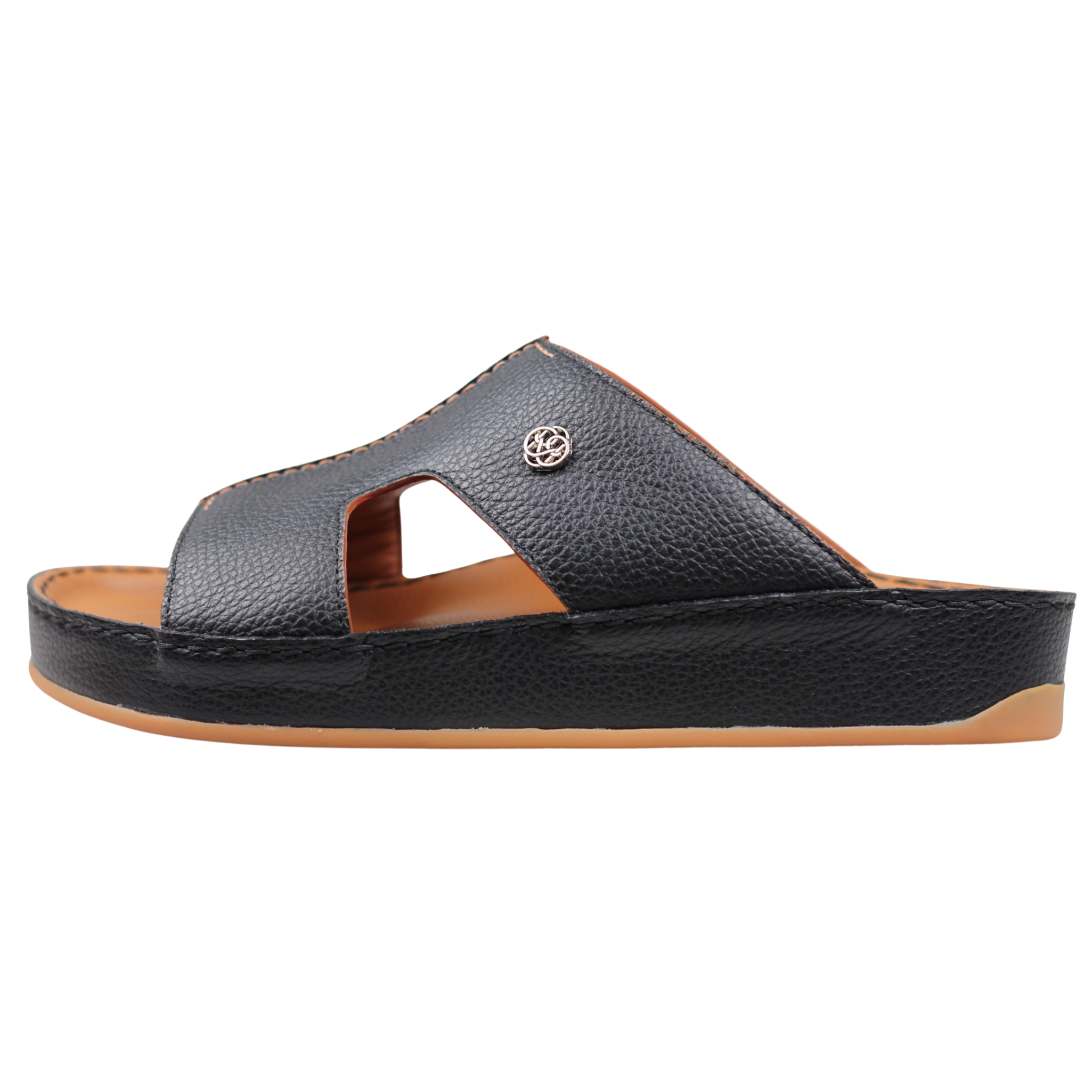 Raha Shams navy premium deer leather Arabic sandal for men with tan medicated footbed, side view