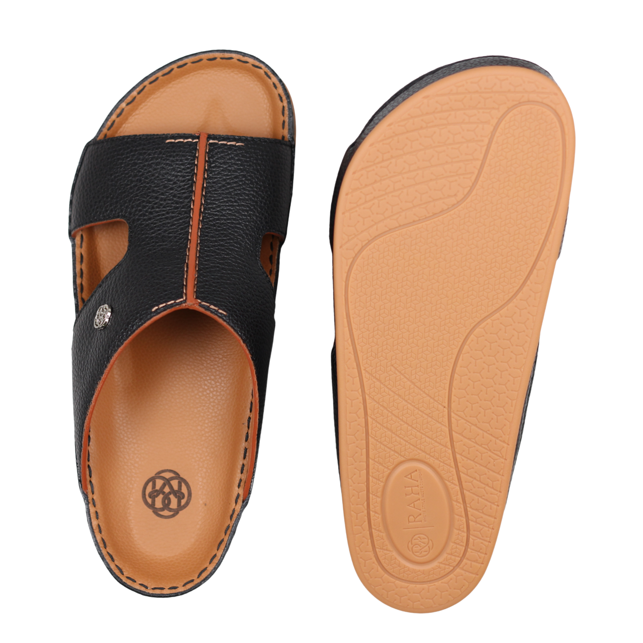Raha Shams navy premium deer leather Arabic sandal for men shown from the top with tan medicated footbed and branded non-slip outsole