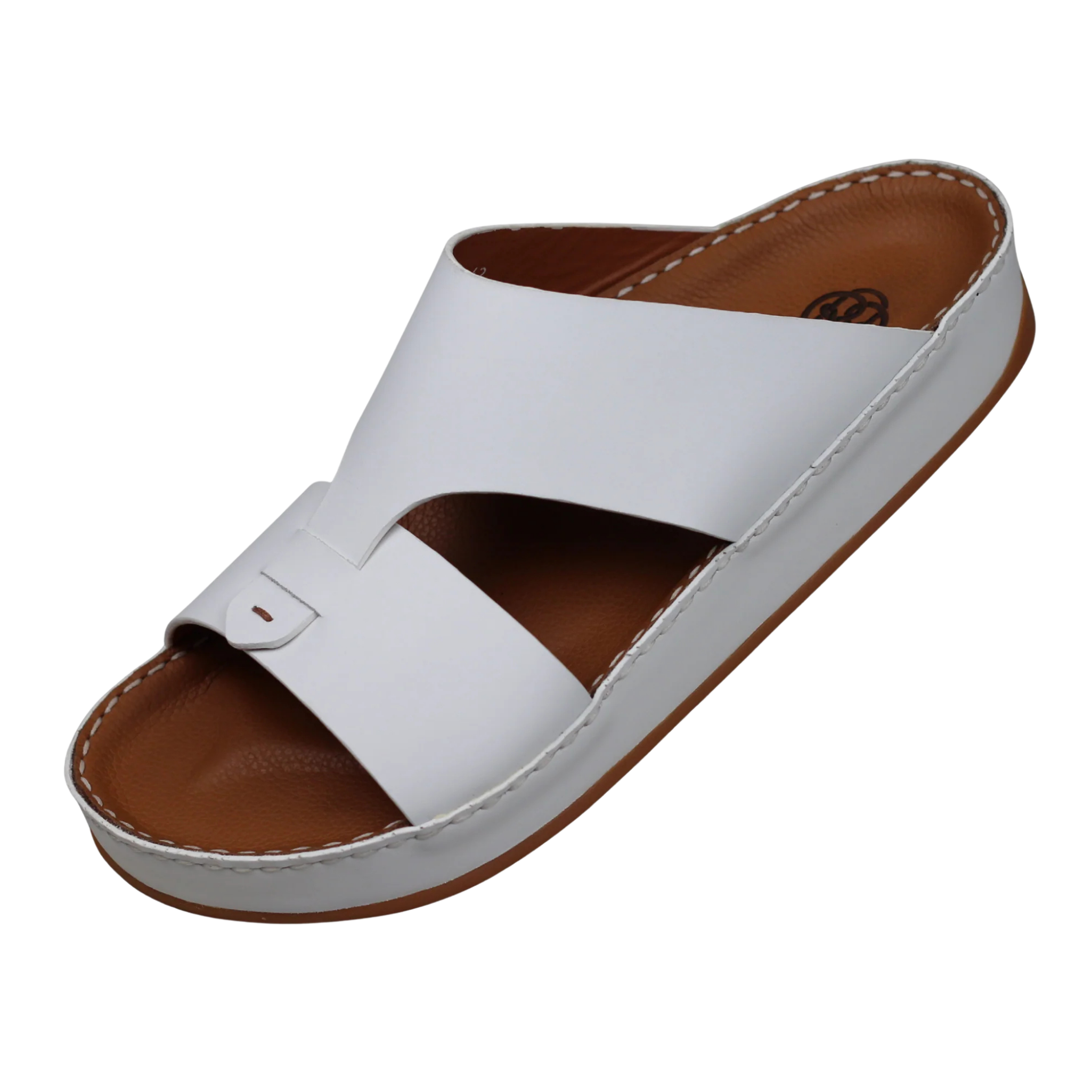 White Raha Medicated Arabic sandals for men featuring premium leather, handcrafted stitching and a supportive cushioned footbed