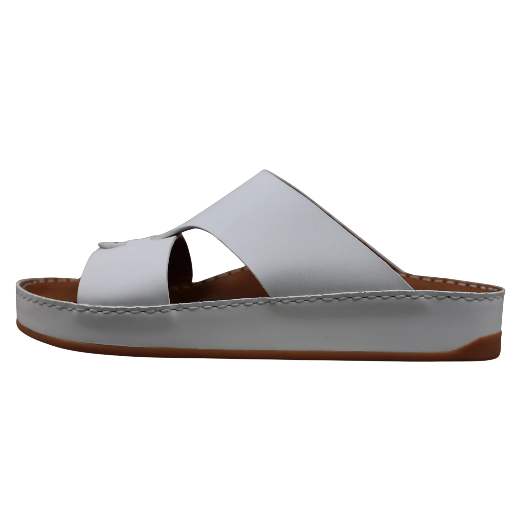 White Raha Medicated Arabic sandals for men in side view, featuring premium leather, handcrafted stitching and a supportive cushioned footbed