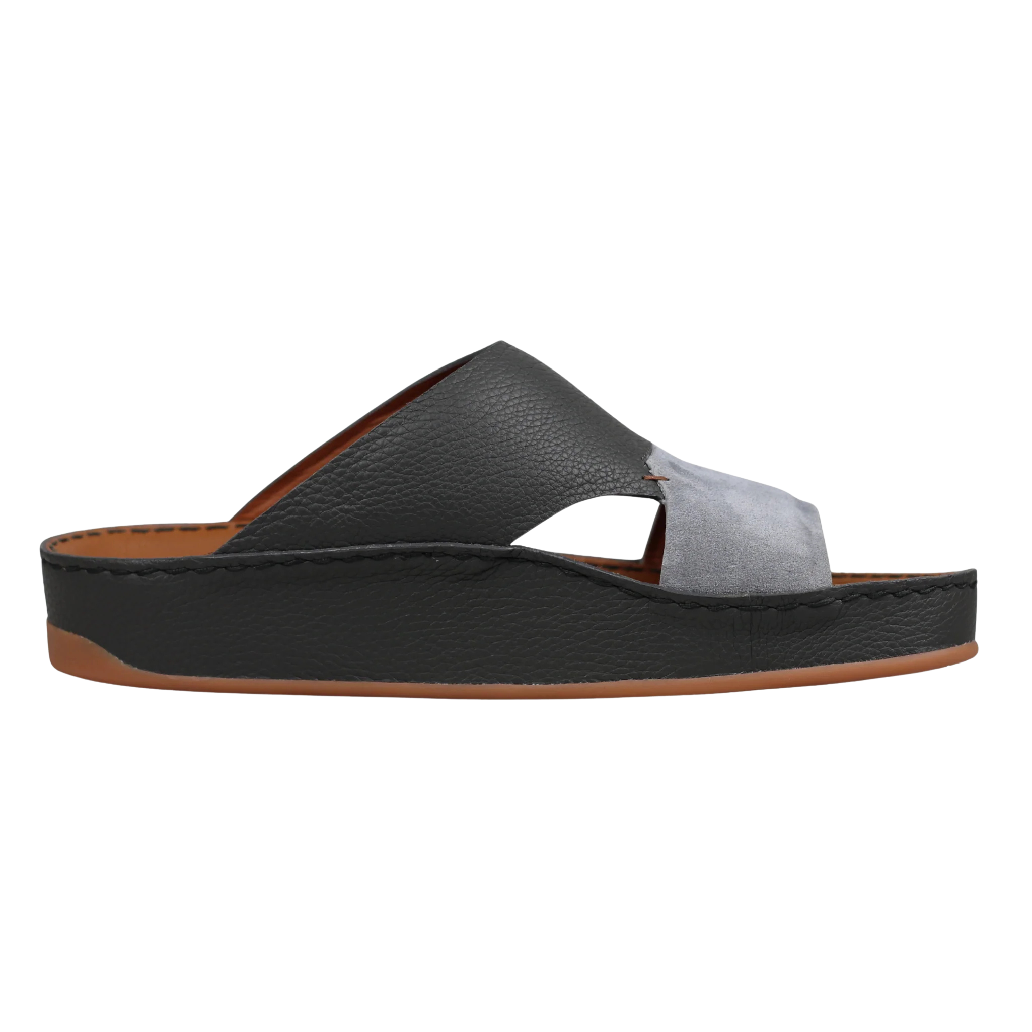 Wasl Grey Medicated Arabic sandals for men in side view, featuring premium leather and suede upper with a supportive medicated footbed
