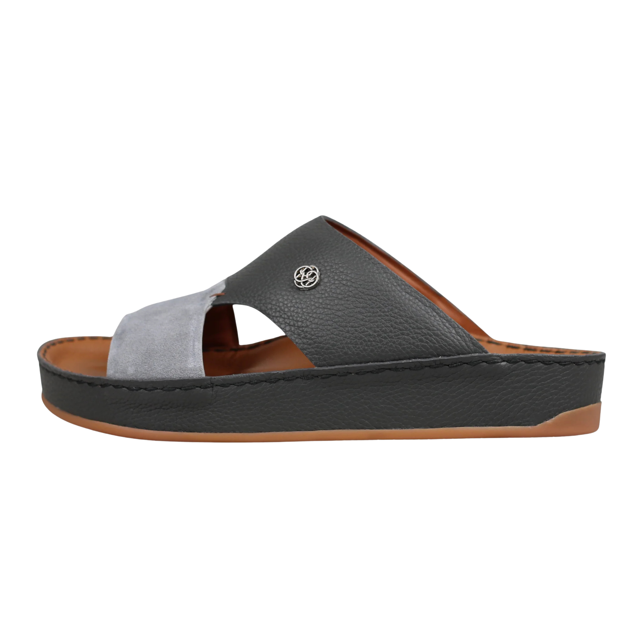 Wasl Grey Medicated Arabic sandals for men in side view, featuring premium leather and suede upper with a supportive cushioned footbed