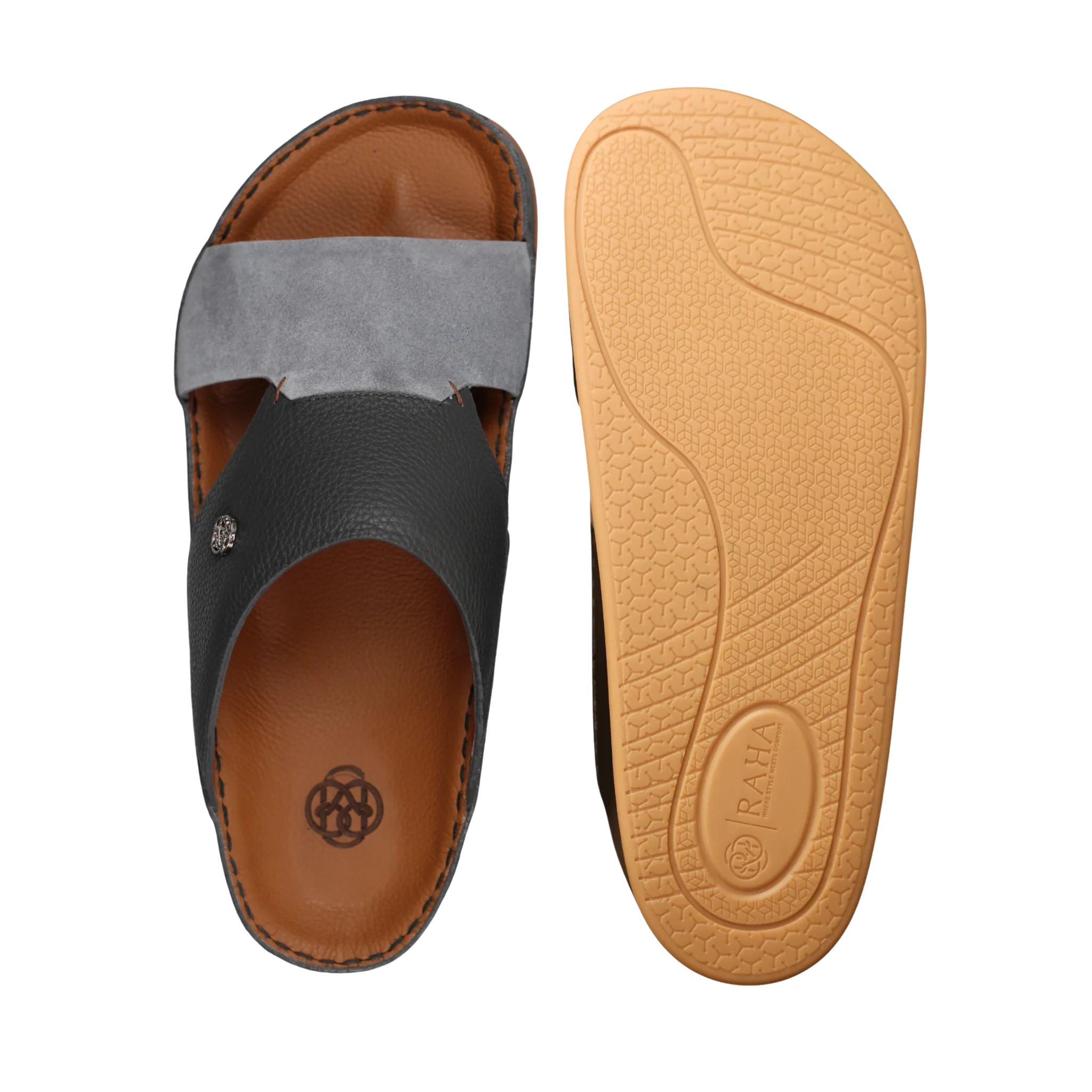 Wasl Grey Medicated Arabic sandals for men shown from the top and outsole, featuring premium leather, suede upper and supportive medicated footbed