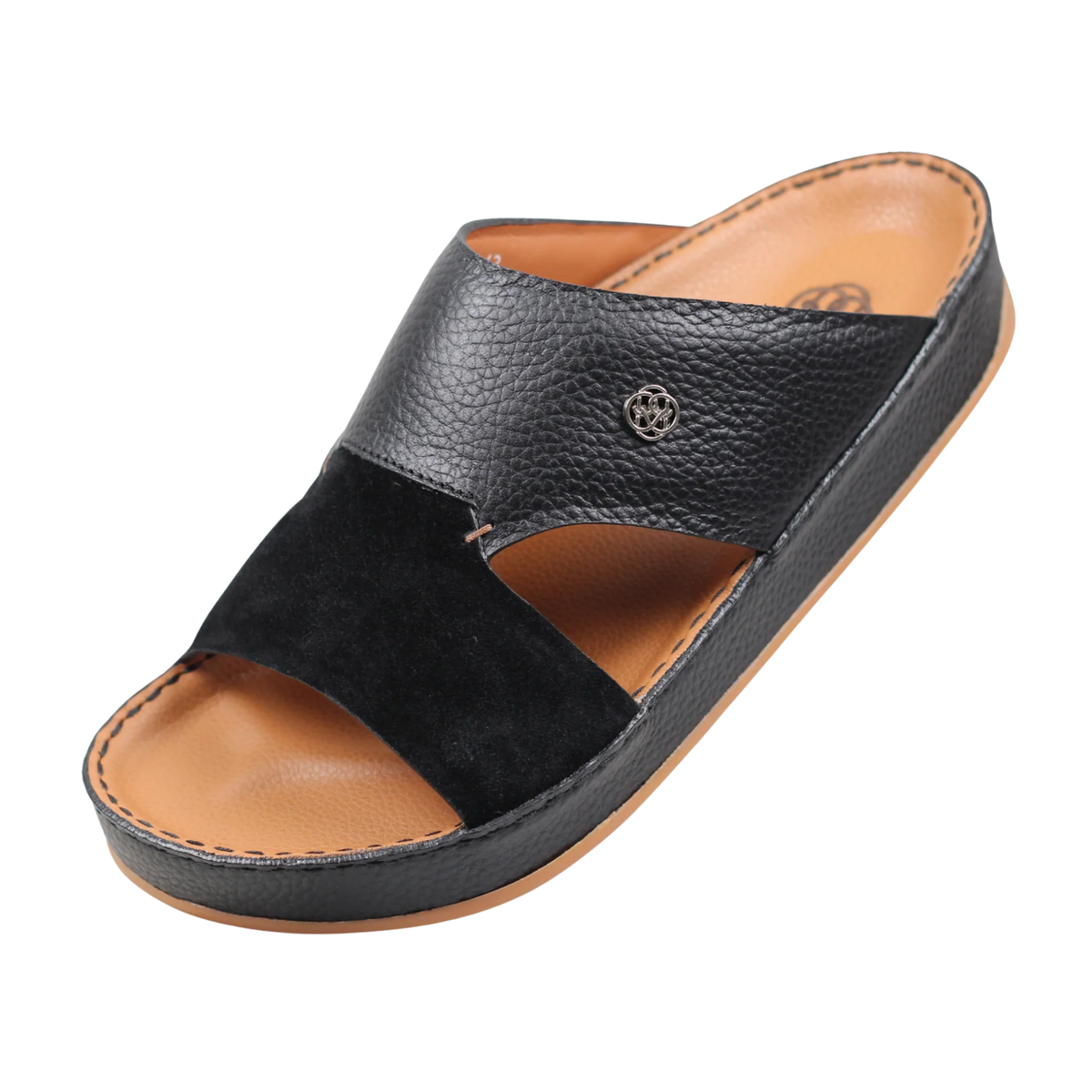 Front angled view of black Wasl Medicated Arabic sandals for men with premium Italian leather and supportive cushioned footbed
