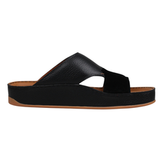 Side profile of black Wasl Medicated Arabic sandals for men with premium Italian leather and supportive cushioned footbed