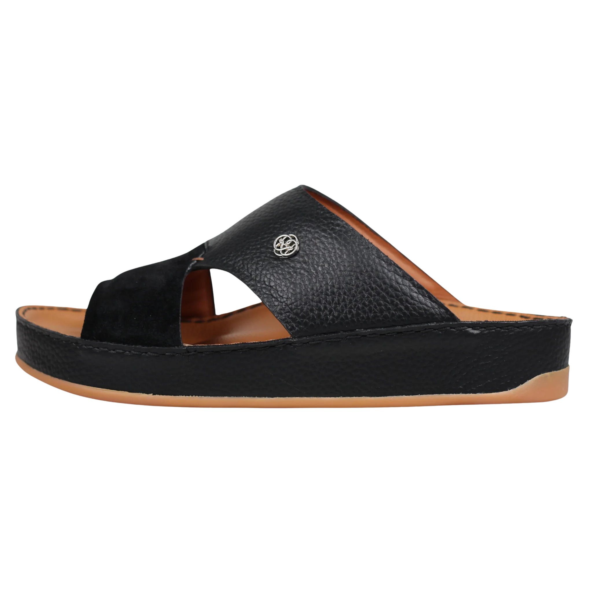 Side view of black Wasl Medicated Arabic sandals for men with premium Italian leather and supportive cushioned footbed